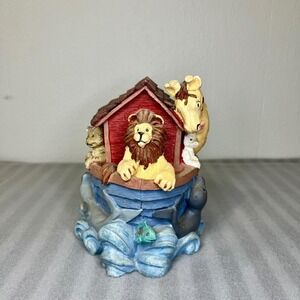 Vintage Noah's Ark Coin Bank Animal Figurine Red House Blue Boat 1993